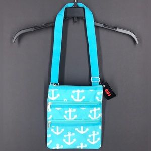 Crossbody Purse turquoise anchors 3 zippered compartments adjustable strap